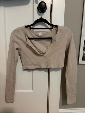 Garage Beige Cropped Waffle Henley Long Sleeve Top With Buttons